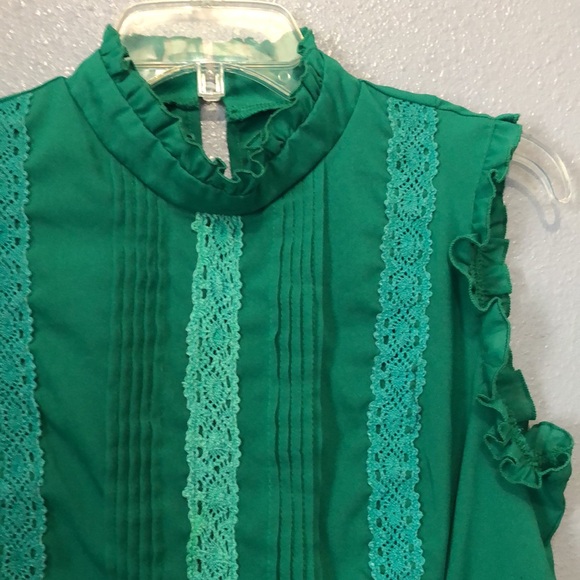 ruffle blouse Women's M green vintage inspired high collar lace EUC shirt top - Picture 2 of 11